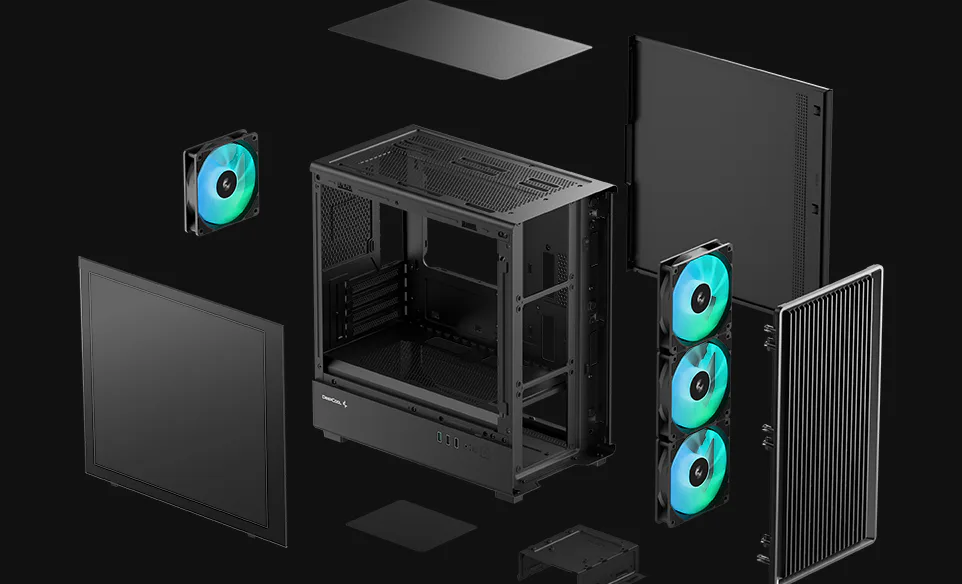DeepCool CC350 4F panels and fans, exploded view