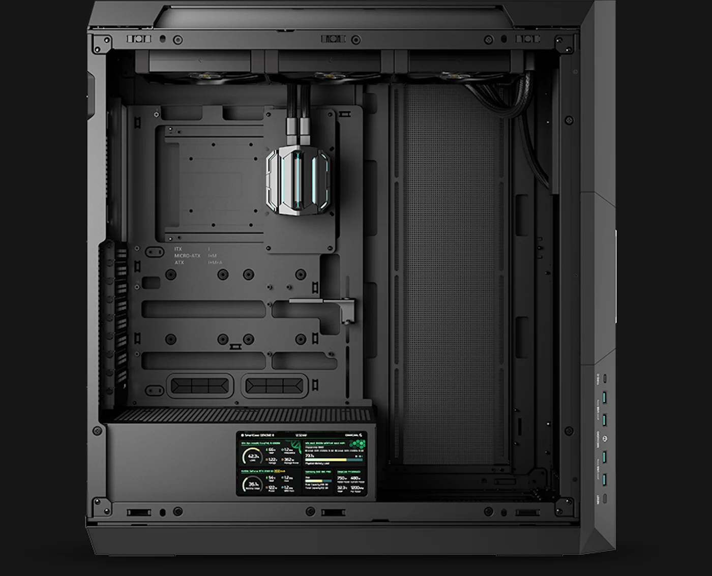 Cooling configuration options displaying multiple radiator and fan layouts